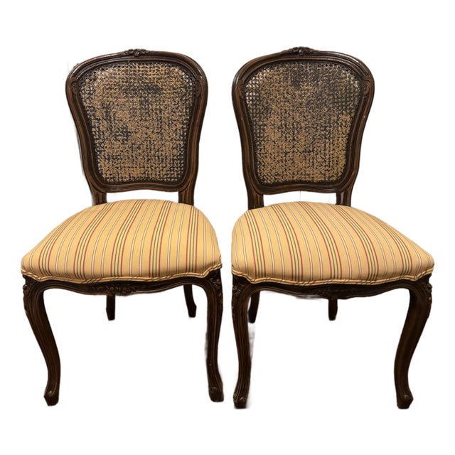 Pair of Louis XV-Style Caned Side Chairs With Striped Upholstery — Early 20th Century For Sale