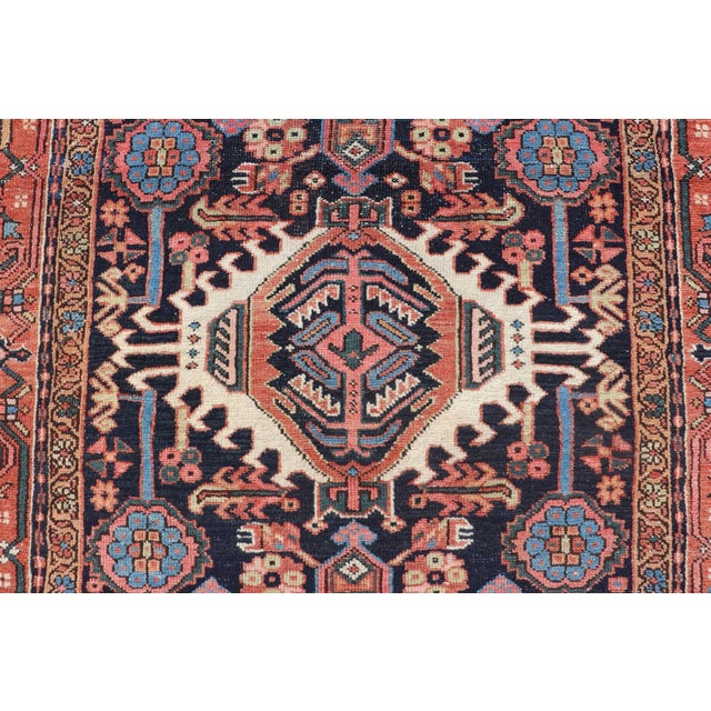Antique Persian Heriz With Medallion Design in Ivory, Dark Blue & Jewel Tones For Sale - Image 4 of 9
