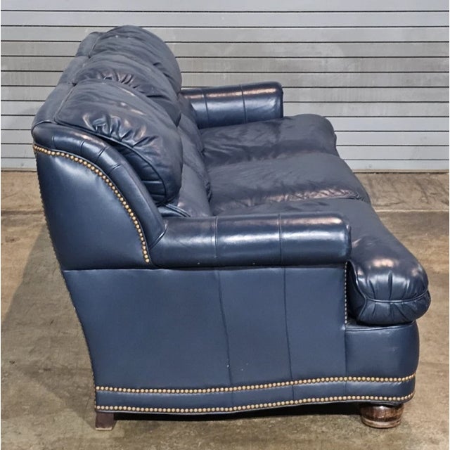 Hancock & Moore Blue Leather Sofa Nailhead Trim Three Cushions Outstanding For Sale - Image 9 of 13