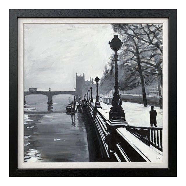 Black & White Painting of Victoria Embankment London - Unique Original Art by British Urban Artist, 2019 For Sale