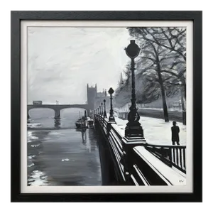 Black & White Painting of Victoria Embankment London - Unique Original Art by British Urban Artist, 2019