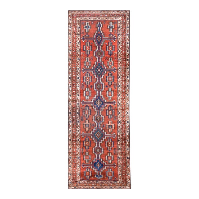 1920s Red Rustic Geometric Tribal Antique Malayer Persian Rug 3'1" X 8'8" Knotted Wool Carpet For Sale