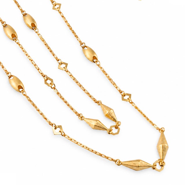 Vintage 18k Yellow Gold Long Geometric Puffed Pebble Station Link Chain ...