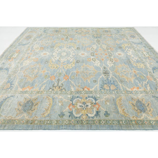 Blue Modern Sultanabad Square Wool Rug - Light Blue & Terracotta Hand-Knotted For Sale - Image 8 of 11