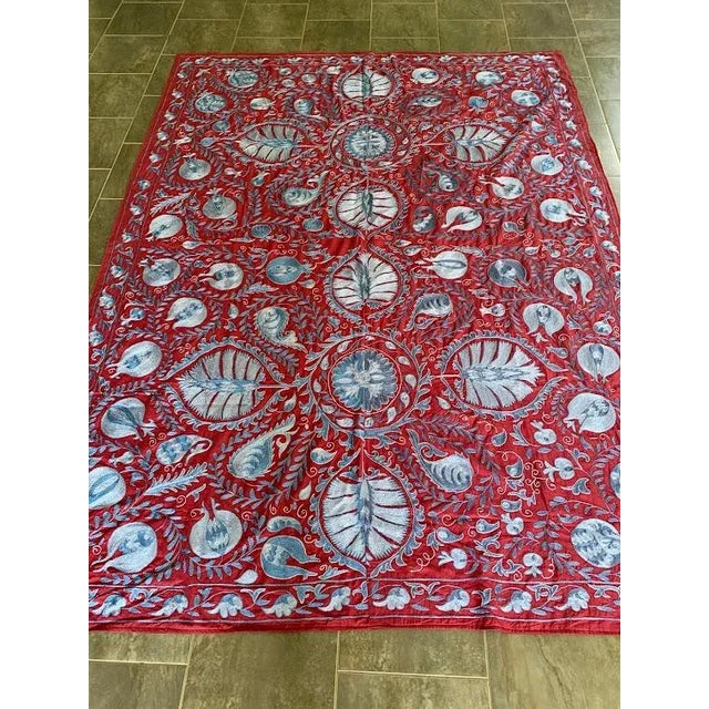 Vintage Silk Embroidered Suzani Bed Cover, Bordeaux Red & Blue 8.2' x 6.2'
