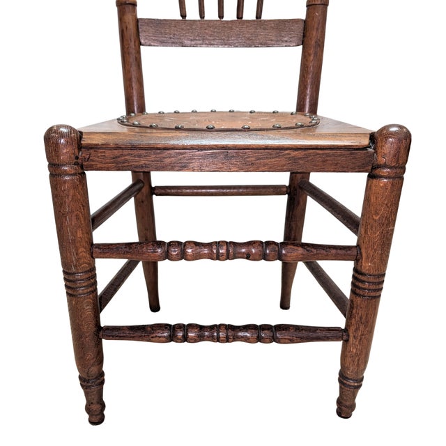 Early 20th Century Oak Spindle Back Side Chair With Embossed Heraldic Medallion Seat For Sale - Image 17 of 17
