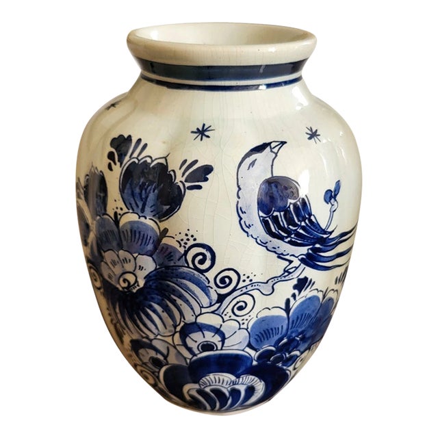 Vintage Delft Holland Hand Painted Blue Vase For Sale