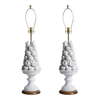 White Ceramic Apple Topiary Table Lamps, Italian A-Pair For Sale