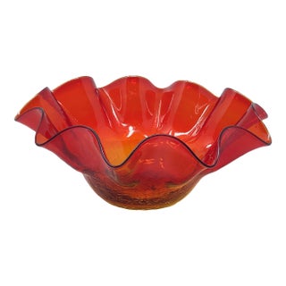 Vintage Mid Century Amberina Crackle Glass Ruffled Bowl For Sale