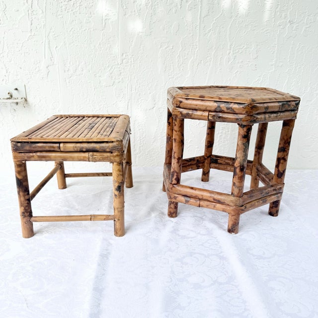 Burnt Tortoise Shell Finished Bamboo Accent Tables - Set of 2 For Sale - Image 4 of 9