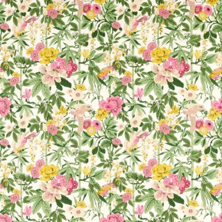 Sanderson Bamboo & Bird Fabric in Scallion Green/Fushia For Sale