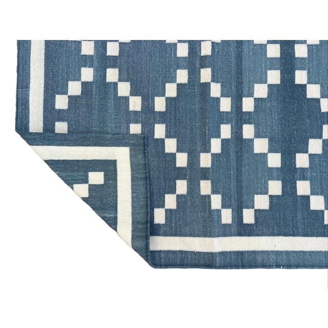 Handmade Cotton Rug, Contemporary Slate Gray & Cream Diamond Pattern Dhurrie - 8'x10' For Sale - Image 10 of 11