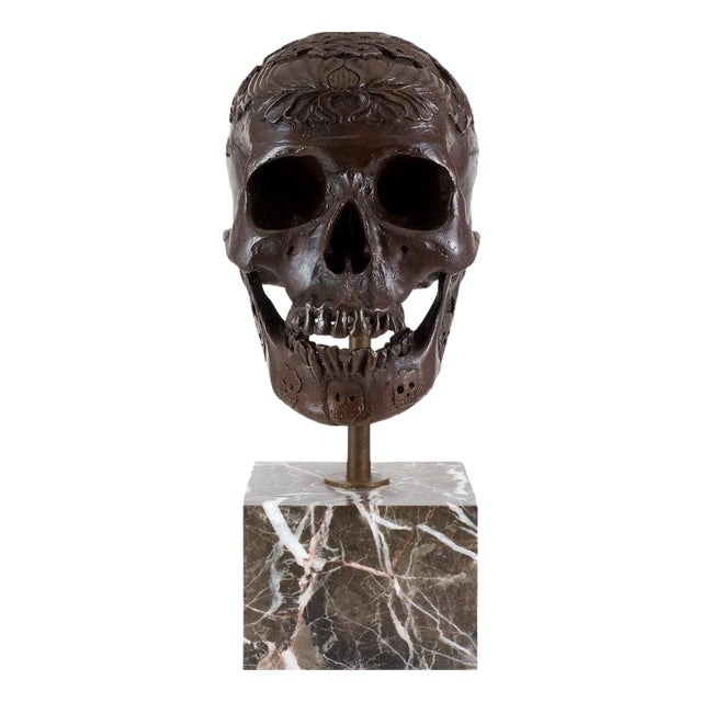 Modern Dark Brown Patinated Skull Sculpture, Bronze on Marble Base For Sale