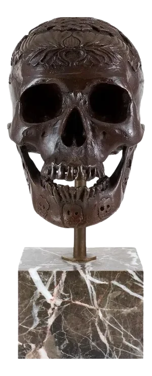 Modern Dark Brown Patinated Skull Sculpture, Bronze on Marble Base