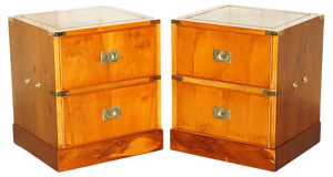 Burr Yew Wood Green Leather Military Campaign Nightstand Drawers, Set of 2