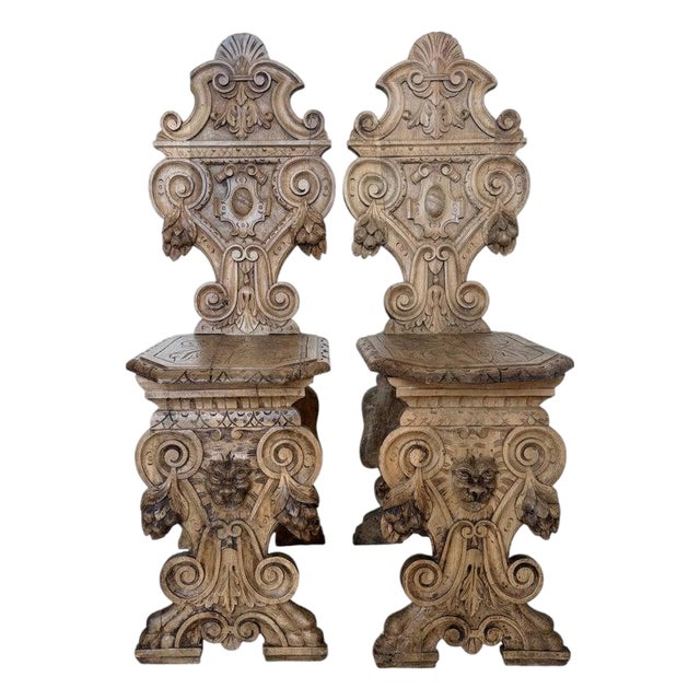 Pair of 19th C. Italian Renaissance Sgabello Hall Chairs - Heavily Carved Walnut For Sale