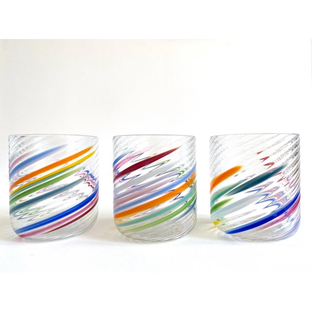 Vintage 1980s Post Modern Hand Blown Studio Art Glass Multicolor Abstract Swirl Glasses - Set of 6 For Sale - Image 9 of 13