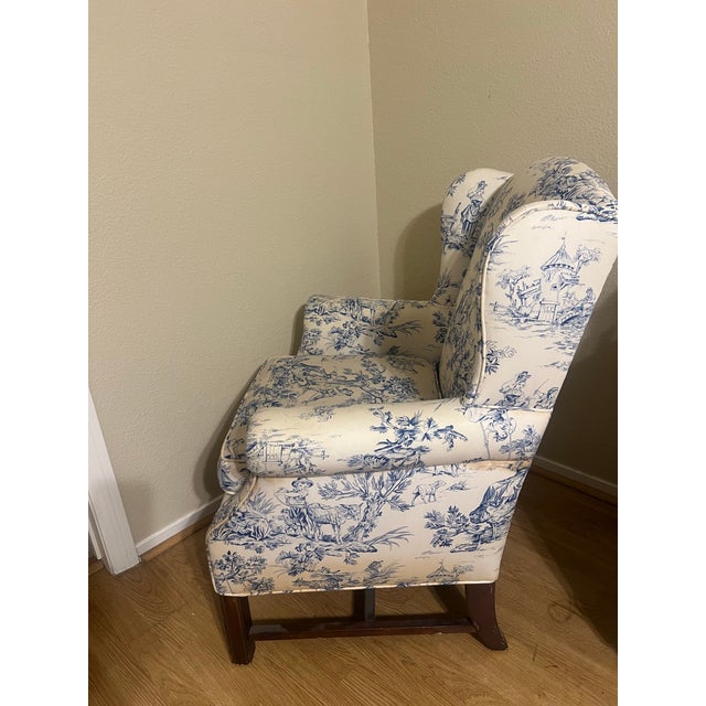 Textile 1980s Traditional Blue & White Toile Wingback Accent Chair For Sale - Image 7 of 12