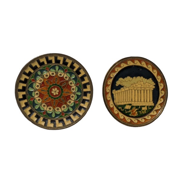 Vintage Greek Parthenon Enameled Brass Decorative Wall Hangings- Set of 2 For Sale - Image 10 of 12