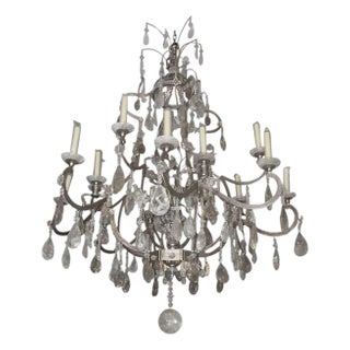 Large Vintage Italian Rock Crystal and Silver Leaf Chandelier, 20th Century. For Sale
