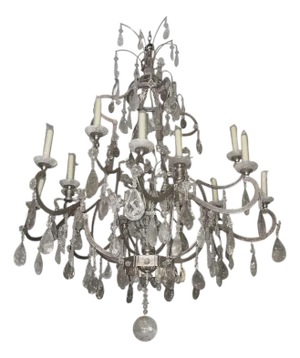 Large Vintage Italian Rock Crystal and Silver Leaf Chandelier, 20th Century.