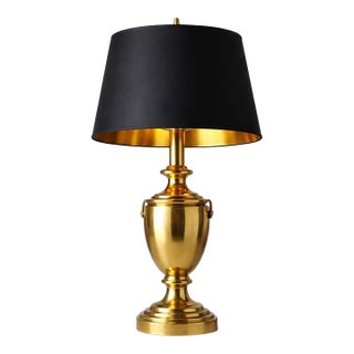 1960s Hollywood Regency Polished Brass Urn Table Lamp With Original Black Shade and Gold Interior For Sale