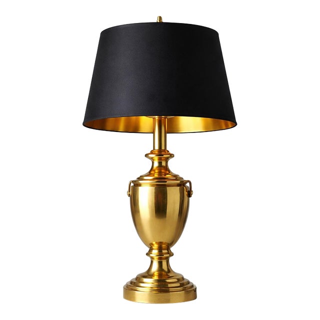 1960s Hollywood Regency Polished Brass Urn Table Lamp With Original Black Shade and Gold Interior For Sale