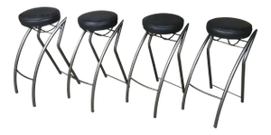 Set of Four Unique Postmodern Memphis-Style Bar Stools With Sharp Angular Gunmetal Tubular Steel Frames & Black Leather Seats