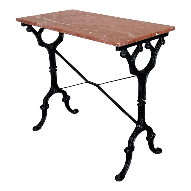 French Solid Cast Iron French Scrolling Bistro Table With Pink Marble Top For Sale