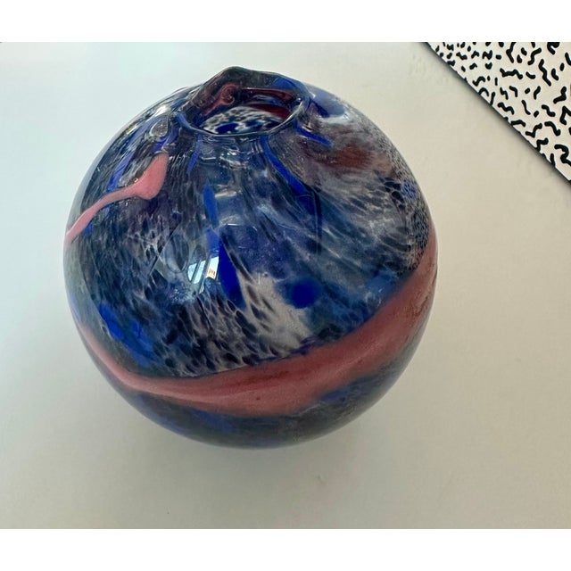 1980's Memphis Milano Murano spherical art glass vase, bold blue and pink modern abstract design, made in Italy . Unique...