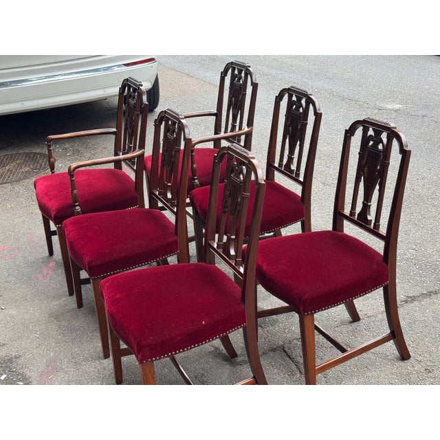 Maroon Vintage Mahogany Hepplewhite Style Set of Six Dining Chairs For Sale - Image 8 of 12