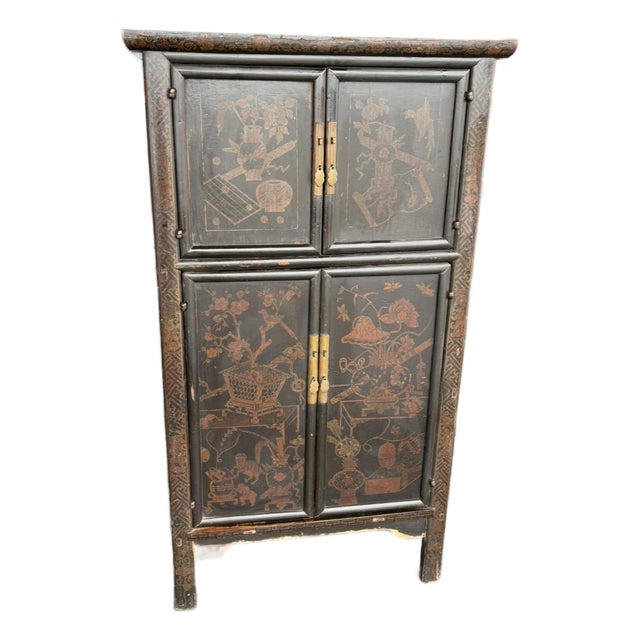 Vintage Asian Lacquered Scholar Cabinet For Sale