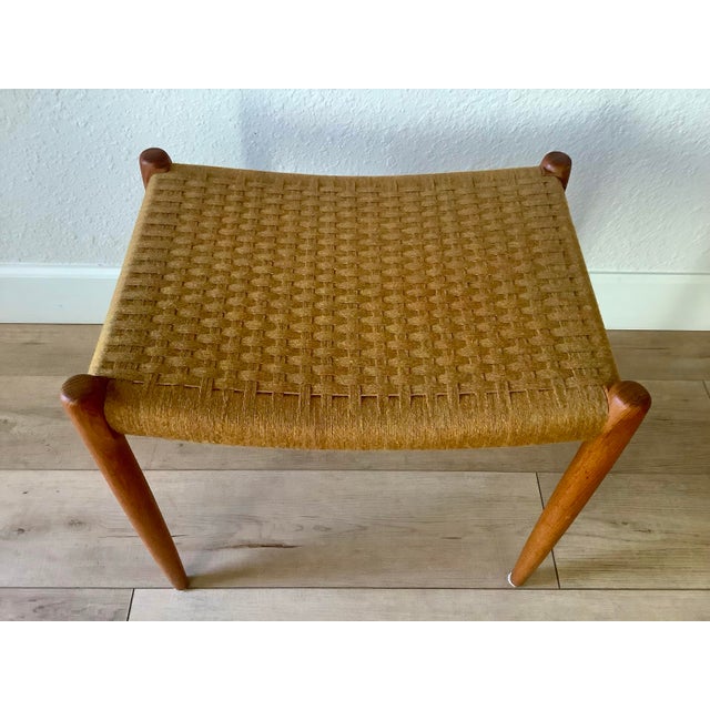 Late 20th Century Danish Modern N. Møller Model 80a Teak Stool With Woven Textile Seat, Denmark For Sale - Image 12 of 12