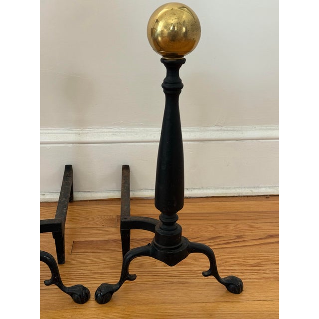Mid 20th Century Vintage American Midcentury Cast-Iron and Brass Cannonball Andirons For Sale - Image 5 of 10
