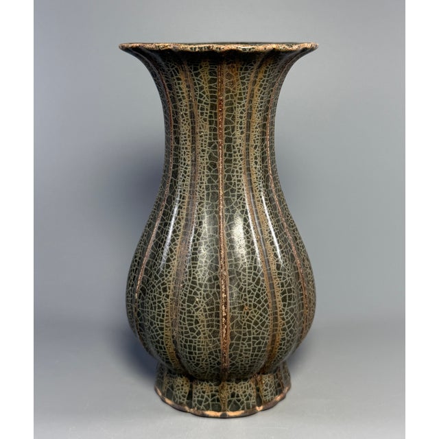 Ceramic Antique Chinese Official‑Style Celadon Lobed Vase With Scalloped Rim For Sale - Image 7 of 10