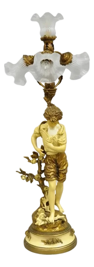 Vintage French L&f Moreau Figural Gold Painted Metal Boy Torchiere Table Lamp