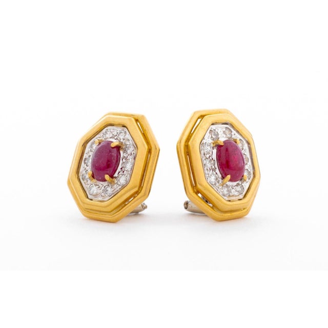 18k Yellow Gold Ruby Diamond Earrings For Sale - Image 4 of 6