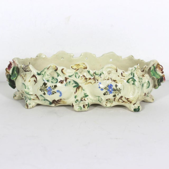 Shabby Chic 1930’s Italian Renaissance Revival Nova Rose Floral Faïence Ceramic Hand Painted Jardiniere Planter, Made in Italy For Sale - Image 3 of 11