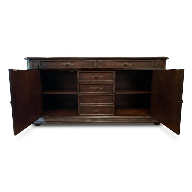 Traditional Paneled Dark Walnut Credenza Sideboard With Center Drawers and Cabinet Storage For Sale - Image 4 of 4