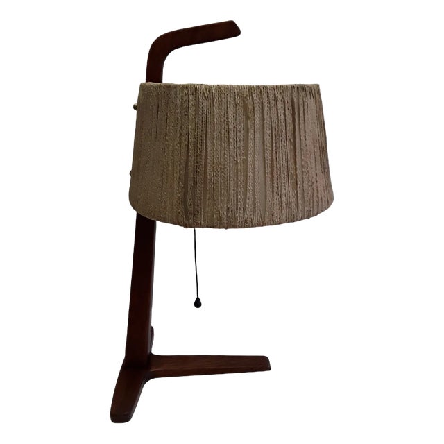 Vintage Teak & Brass Table Lamp with Bast Wrapped Cardboard Lampshade, 1960s For Sale