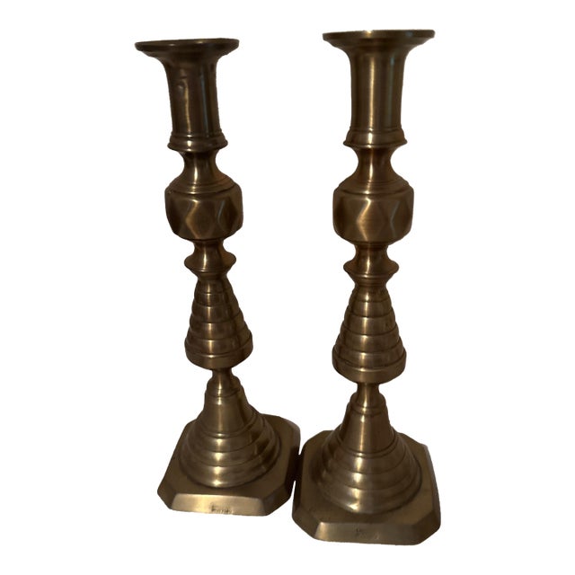 Antique Victorian English Brass Beehive & Diamond Candlesticks - A Pair For Sale