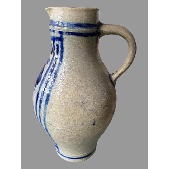 Blue Primitive Antique Country Blue Floral Decorated Stoneware Pitcher For Sale - Image 8 of 12