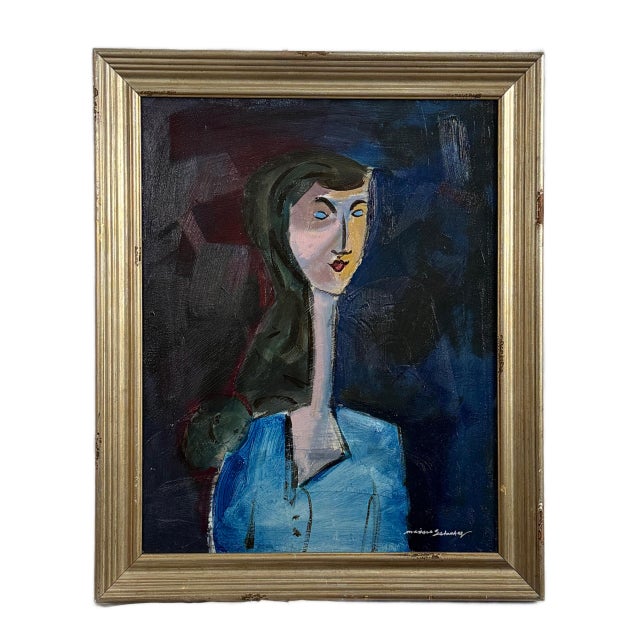 C 1940-60 oil painting by French portrait artist Maxine Estachy. Presented in a contemporary wood Italian wax gilded...
