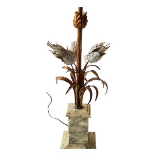 Beautiful vintage carved marble and tole lamp // Tole tulip flowers // Made in Italy // midcentury marble accent lamp / alabaster table lamp For Sale