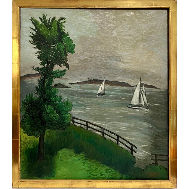 1930s Morris Kantor, 1930 Oil Painting Sea Side Sailboats American Modernist WPA Artist Morris Kantor, 1930 For Sale - Image 5 of 12