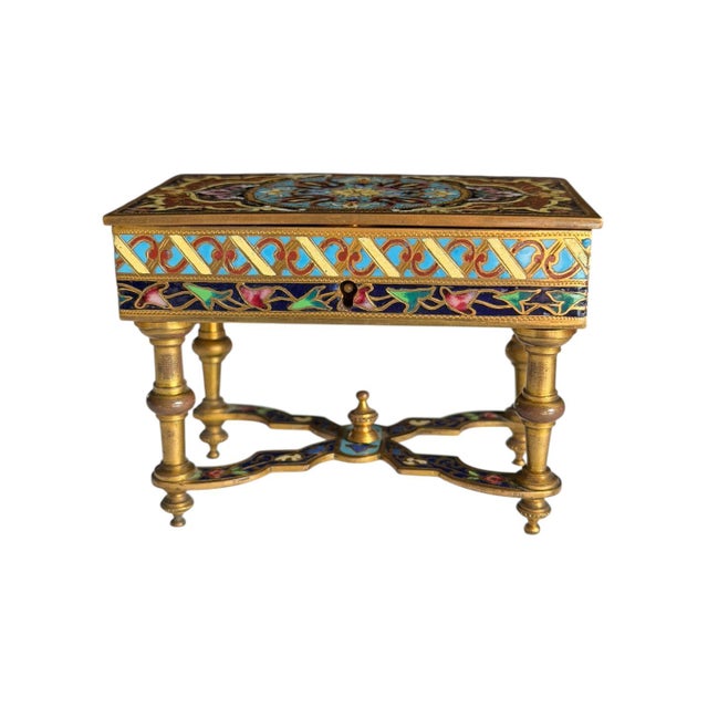 An antique French cloisonne enamel trinket jewelry box with key — a beautifully crafted piece. Measures 4.5"W x 2.75"D x...