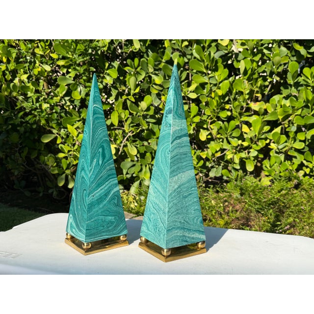 Metal Vintage Faux Malachite Obelisk Sculptures With Brass Bases, Pair For Sale - Image 7 of 12