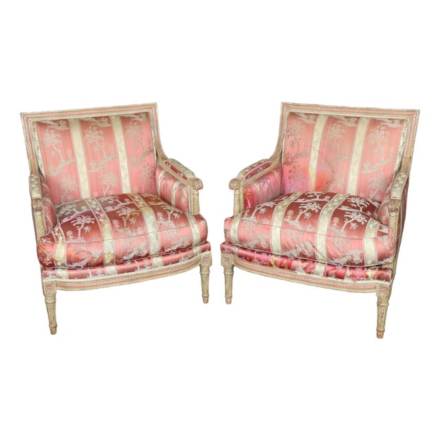 Exceptional Pair French Louis XVI Style Maison Jansen Attributed Bergere Chairs For Sale