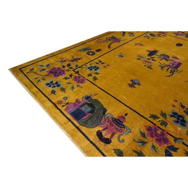 1920s Bold Yellow Floral Modernist Antique Chinese Art Deco Knotted Rug Carpet For Sale In New York - Image 6 of 9