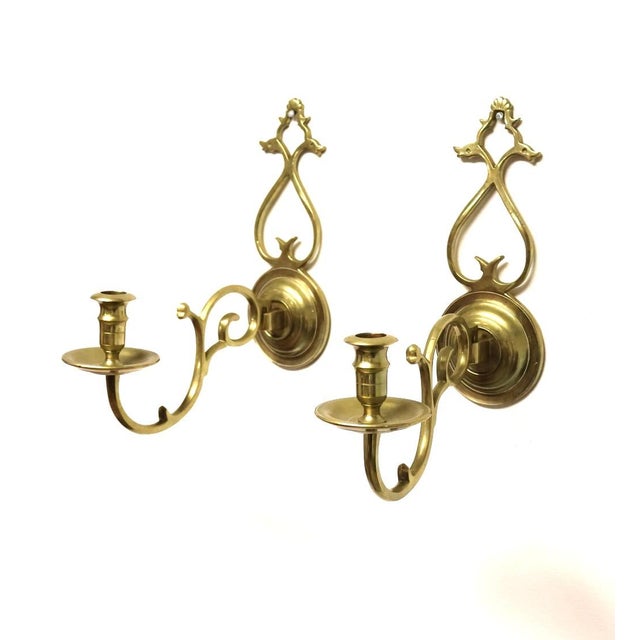 1980s 1980s Virginia Metalcrafters Colonial Williamsburg Cw 16-3 Solid Brass Candle Wall Sconces – Pair For Sale - Image 5 of 7